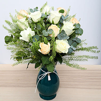 White N Peach Roses in Glass Vase: Mothers Day Flowers