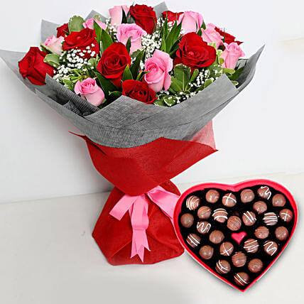 Pink and Red Roses Bouquet with Heartshaped Chocolates: Chocolates 