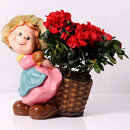 Red Azalea Plant in Girl Carry Basket Pot: Plants for Anniversary