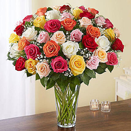 Bunch of 50 Assorted Roses In Glass Vase: Congratulations Flowers 