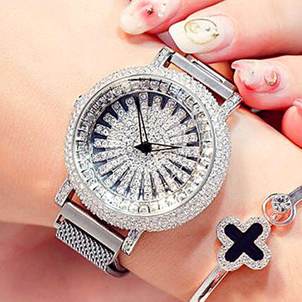 Korean Diamond Star Silver Watch: Watches