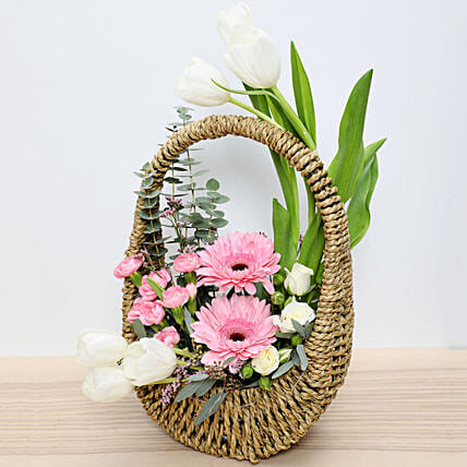 Pink and White Flowers Basket: New Arrival Gifts in Dubai