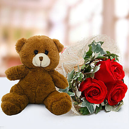 Red Roses and White Teddy Combo: Flowers & Teddy Bears 