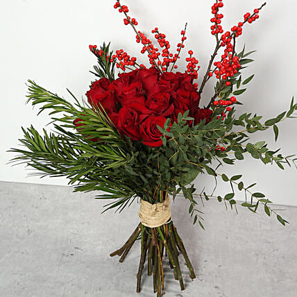 Red Roses and Ilex Berries Bouquet: Christmas Flowers 