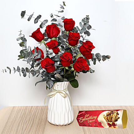 Red Roses in Ceramic Vase and Toblerone Chocolates: 