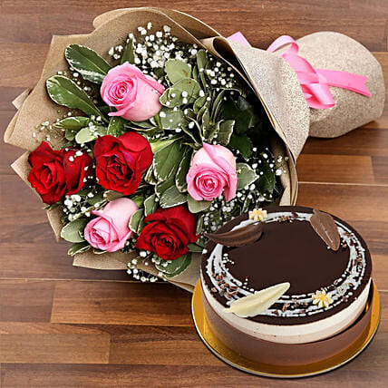 Red and Pink Rose Posy With Triple Chocolate Cake: Flower Delivery for Colleague