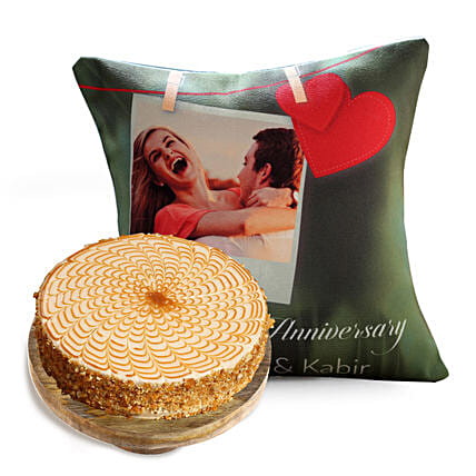 Hearts Anniversary Cushion and Butterscotch Cake: Personalised Anniversary Cushions