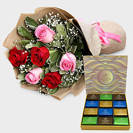 Pink and Red Roses With Godiva Chocolate Bar: Flowers and Chocolates 