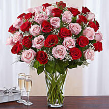 50 Vivid Red and Pink Roses In Vase: Propose Day Flowers