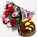 12 Pink Red Roses Bunch & Chocolate Fudge Cake
