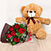 Romantic Red Roses Bouquet with Brown Teddy