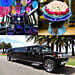 Decorated Black Limousine With Balloons and Flower Bouquet