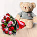 Pink and Red Roses Bouquet with Brown Teddy