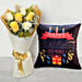 Yellow & White Roses With Birthday Cushion